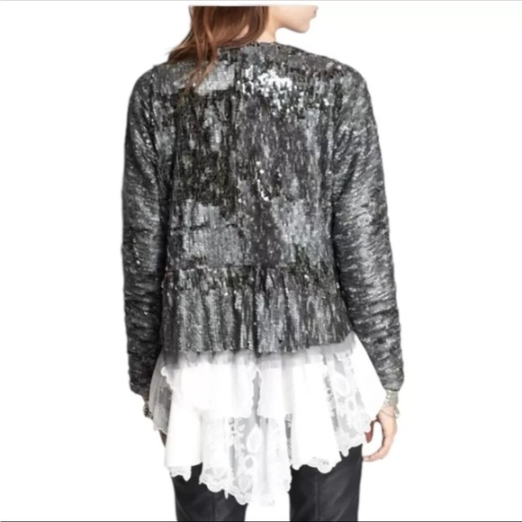 Free People Sequin Open Front Waterfall Jacket in Silver – Size Small - Picture 3 of 12